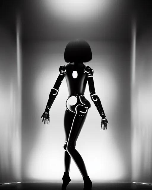 Image similar to black and white high quality photo of a beautiful futuristic dancing female posthuman-cyborg looking into a sci-fi mirror:: volumetric lighting, liminal space, brutalism, foggy, dreamy, hyperdetailed, bokeh, photorealistic, cinematic, masterpiece, Metropolis, elegant, dark, octane render, 8K, in the style of Dora Maar and Man Ray