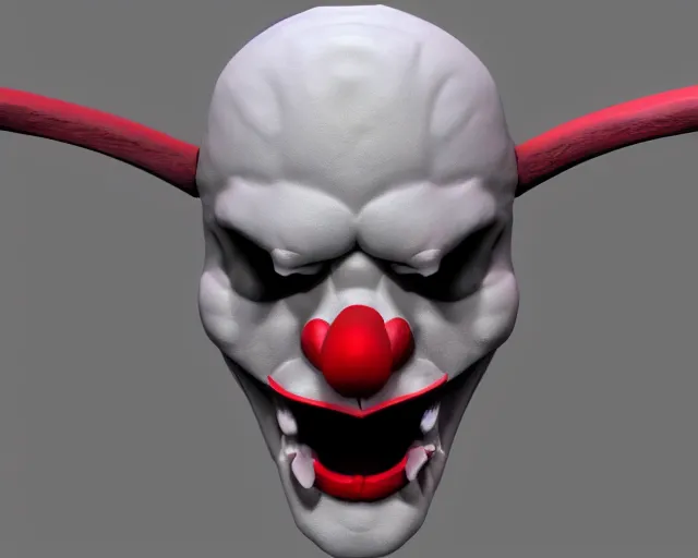 Prompt: 3d sculpt of an evil clown face with huge bat wings, skull, artstation, digital illustration