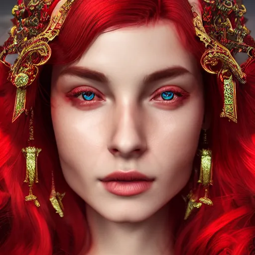 Image similar to portrait of wonderful princess of rubies with fair skin, red hair ornate 8 k gorgeous intricate detailed, accent lighting, dramatic light, octane render