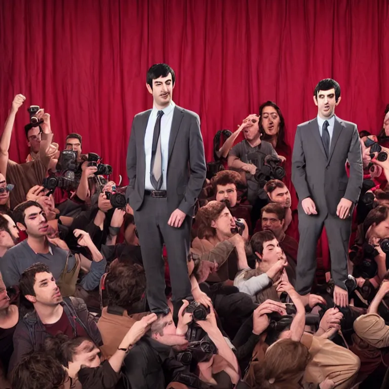 Image similar to focused dslr photograph of hundreds of nathan fielder from nathan for you on comedy central filmed by a tv crew on a stage with a red curtain, meta, fractal, trippy, high detail!!! 8 k, photorealism, sharp focus, volumetric lighting, coherent!!! art directed, rule of thirds, facial details, expressions, hd, professional