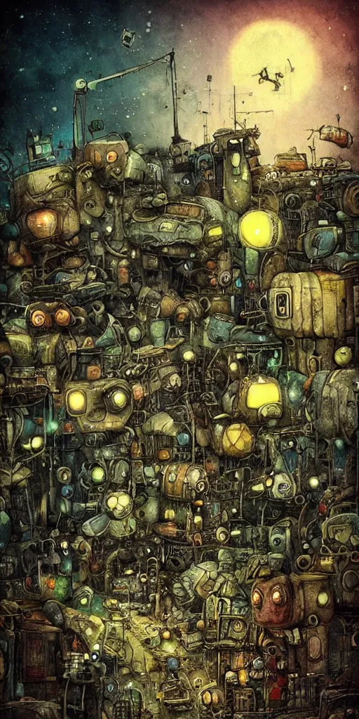 Prompt: a sci - fi junkyard scene by alexander jansson