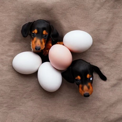 Prompt: eggs cracking open with baby dachshunds inside. baby dachshunds hatching. professional photography