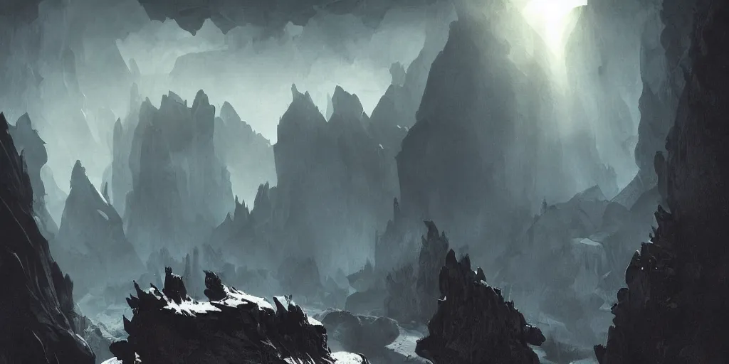 Prompt: epic dark cave matte painting by anato finnstark by peder balke by peder balke by chip zdarsky, rocks and stone dark mystic. sinngle ray of light in center. artstation brushed illustrated print epic agony desperate metal kvlt nordic noir cave dark widescreen format videogame title