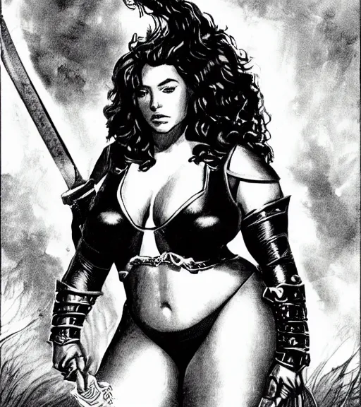 Prompt: 1 9 8 0 s fantasy novel book cover, bbw plus size amazonian peyton list in extremely tight bikini armor wielding a cartoonishly large sword, exaggerated body features, dark and smoky background, low quality print