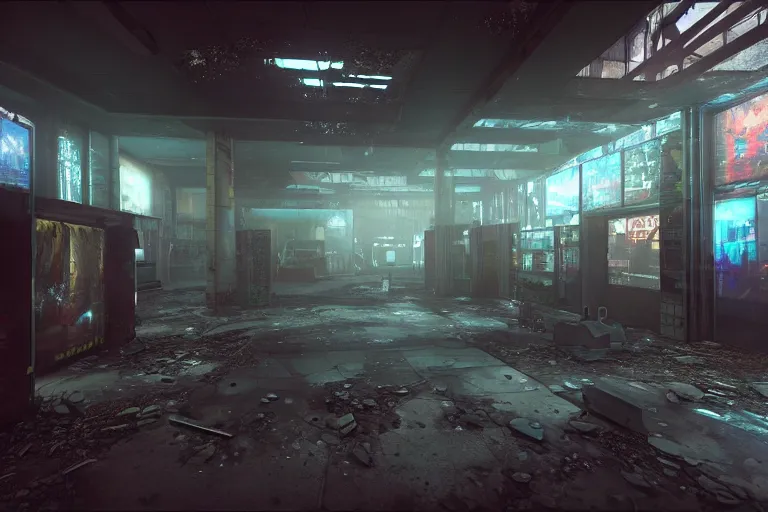 Image similar to hyper realistic fps game screenshot of a abandoned cyberpunk shopping mall, a crew of high tech soldiers are in, cinematic lightning, ray tracing, unreal engine, photorealistic fps game concept art, detailed, dark, moody, foggy