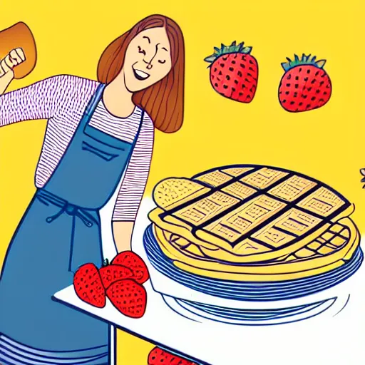 Image similar to book illustration of your mom making gigantic waffles, book illustration, vivid colors, white background