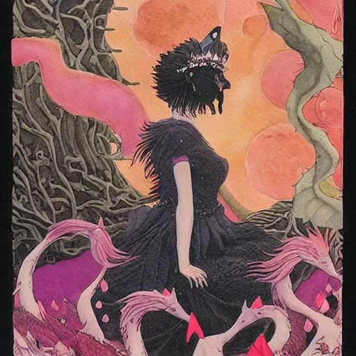 Prompt: highly detailed watercolor, the black swan tarot card, nostalgia for a fairytale, magic realism, flowerpunk, mysterious, by charles vess, studio ghibli, monsters, pink horses, mc escher, salvador dali, budha