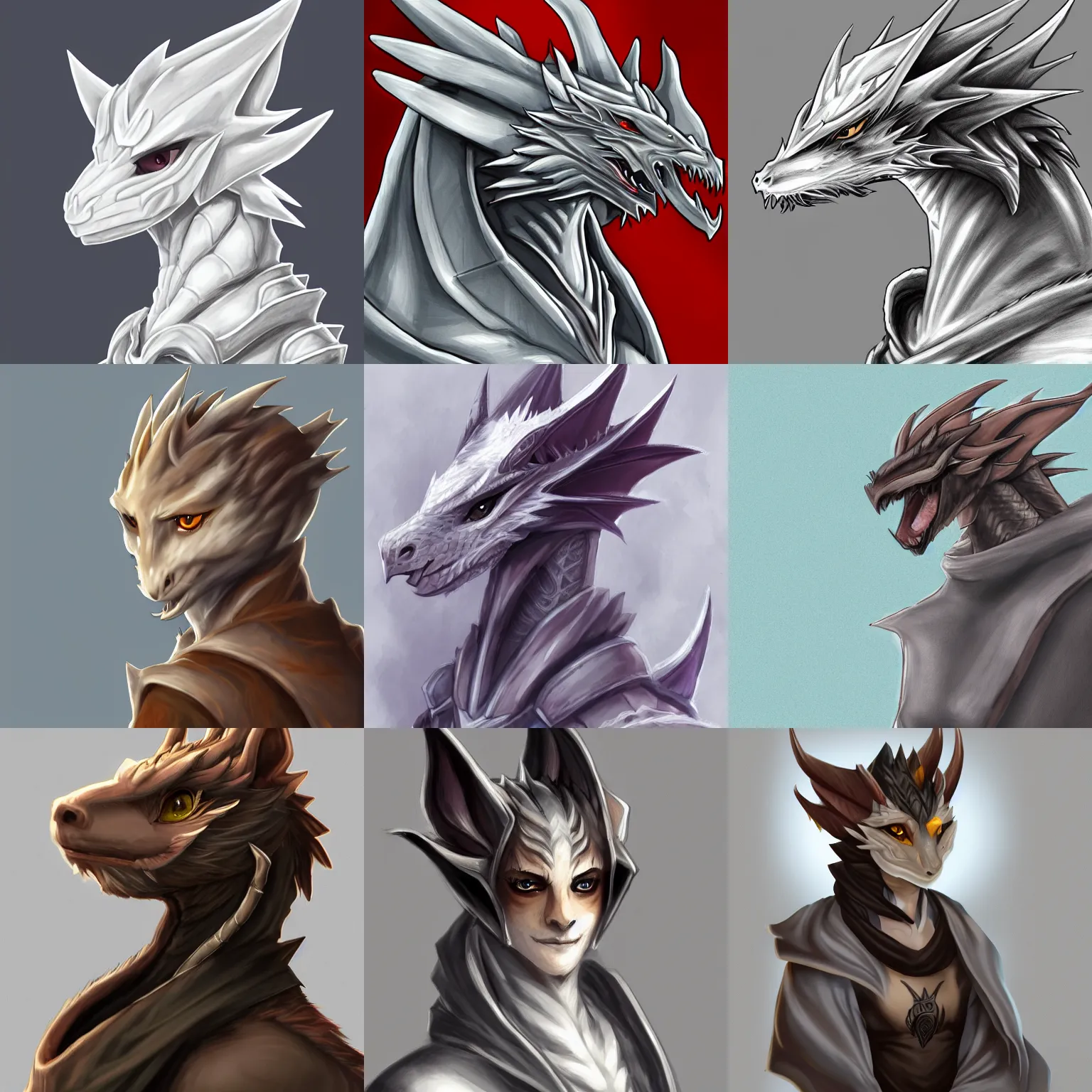 Prompt: very very beautiful half body side angle portrait of a handsome young anthropomorphic silver dragon, soft draconic features, cute eyes, wearing a luxurious silk cloak, commission on furaffinity, artstation, high quality sketch, warm colors