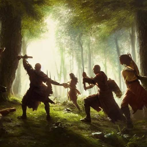 Image similar to 'A monk, bard, druid and a paladin are fighting together in the woods, art by Greg Rutkowski, 4k'