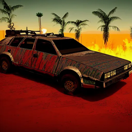 Image similar to wasteland hotline miami desert apocalypse car on fire wasteland war destroyed wide shot landscape nuke fire craters end of the world miami beach sunset palm trees 80s delorean unreal engine style