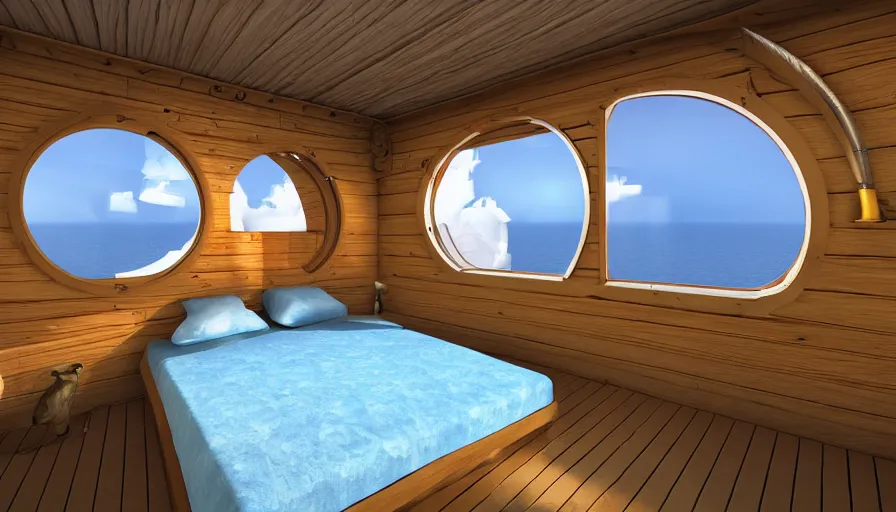 Image similar to a small cabin on a ship. there's a porthole and a bed, digital art, highly detailed, realistic, bright colors, 8 k