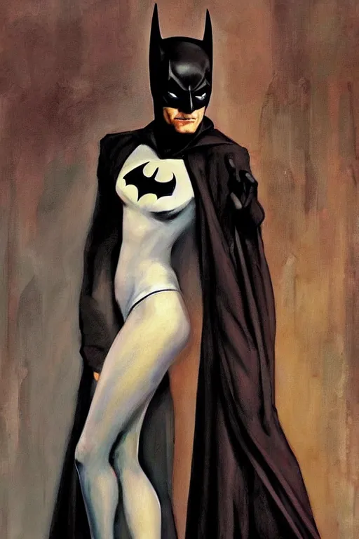 Prompt: very beautiful oil painting of a batman gown by peter chung + loish + rembrandt + anne leibovitz + moebius + craig mullins + margaret keane, detailed, symmetrical, art nouveau, aeon flux style,