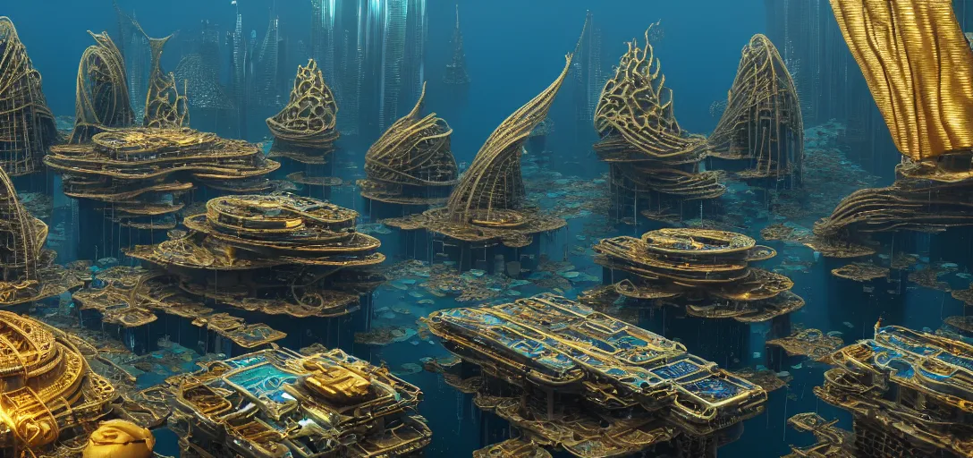 Image similar to cyberpunk civilization underwater built with shinny golden buildings by antoni gaudi, bridges and pipe roads by wlop, underwater light rays, bubbles, old kelp forest, corals at flynn reef, national geographic, rule of thirds, octane render sidefx isotropix nvidia omniverse materialx osl redshift arnold unreal engine, hyper detailed, sharp focus