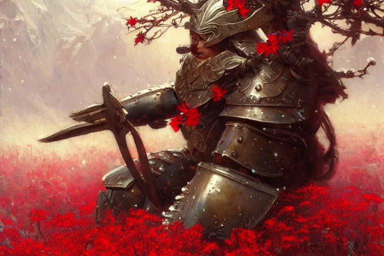 Image similar to winter, a male warrior wearing armor relaxing under a world tree with red flowers, ground covered with snow, extreme long shot, fantasy, painting by gaston bussiere, craig mullins, j. c. leyendecker, trending on artstation