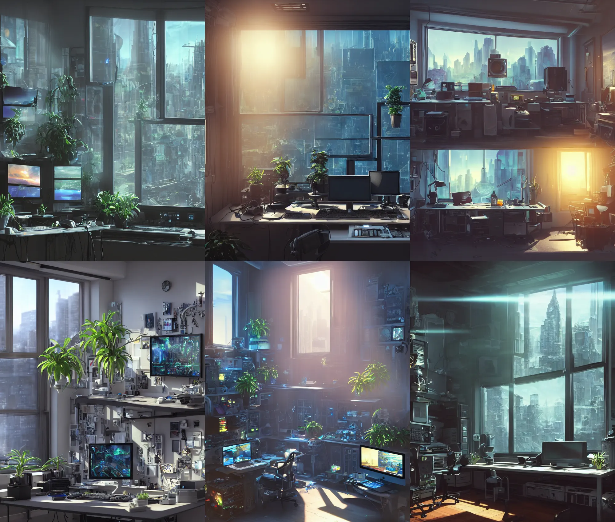 Prompt: detailed scifi artstation scene of a complex computer workstation in a small studio apartment room, single potted plant, many monitors, many electronics, a window view of the city, maximalism, volumetric light, sunny amber morning light, sun beam, atmospheric haze, unreal engine, hyperrealism, realistic shading, blender render, photorealistic, wide shot