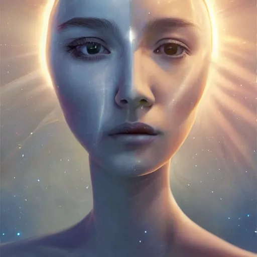 Prompt: sci - fi, close - up, 3 d, moon rays, night, thoughtful fashion model face, cinematic, clouds, sun rays, vogue cover style, poster art, blue mood, realistic painting, intricate oil painting, high detail illustration, figurative art, multiple exposure, 3 d, by tooth wu and wlop and beeple and greg rutkowski