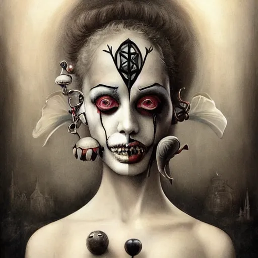 Image similar to By Tom Bagshaw, ultra realist soft painting of a curiosities carnival by night, Female Clown dressed, horror, omnious sky, symmetry accurate features, very intricate details, black and white, volumetric light clouds