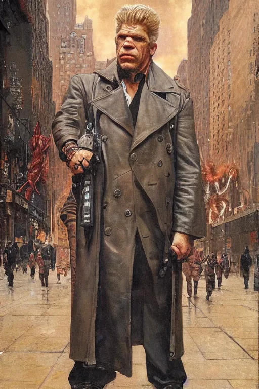 Image similar to full length portrait of ron perlman as a huge tall hulking marvel gangster wearing a leather trench coat standing on street new york, by lawrence alma tadema and zdzislaw beksinski and norman rockwell and jack kirby and tom lovell and greg staples and michael alford