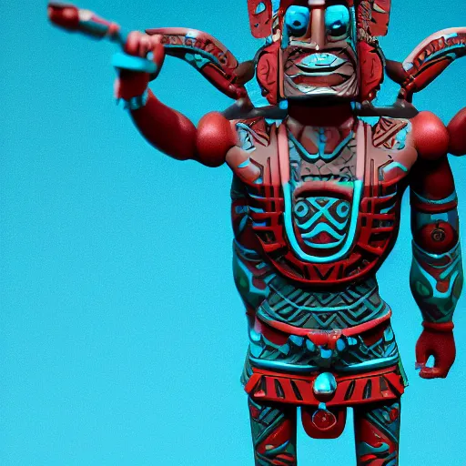 Image similar to closeup 3 d toy maori aztec god as funco toy, plastic, sss, octane 4 k render, studio lighting, artstation, cyan photographic backdrop, 1 0 5 mm, f 2. 8 aperture