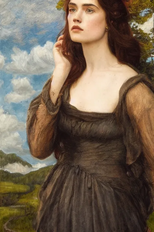 Image similar to a pre raphaelite painting of Daisy Ridley by dante gabriel rossett