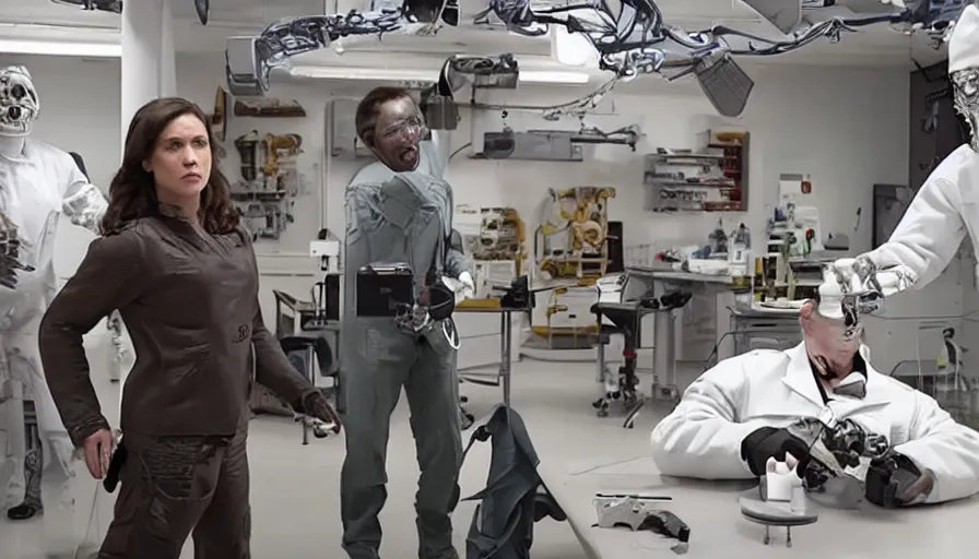 Image similar to big budget action movie about science lab, where a battle cyborg is killing a scientist