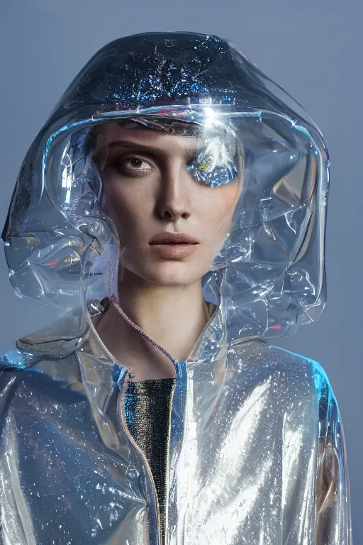 Image similar to an ultra high definition professional high fashion portrait studio full length photograph of a model wearing a transparent pearlescent raincoat and neon visor in an icelandic black rock environment at dawn. no artefacts. extremely detailed. stark. refraction. shallow depth of field. volumetric light and shadow. ray tracing. light rays.