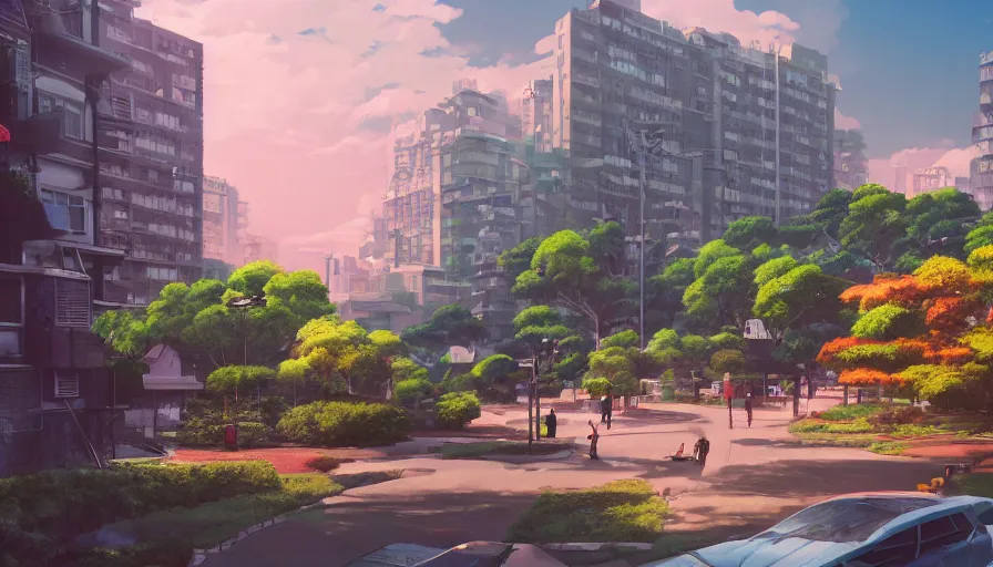 Prompt: A highly detailed matte painting of a japanese urban residential street and park with a bright shimmering sky by Studio Ghibli, Mokoto Shinkai, by Artgerm, by beeple, volumetric lighting, octane render, 4K resolution, trending on artstation, vivid colours