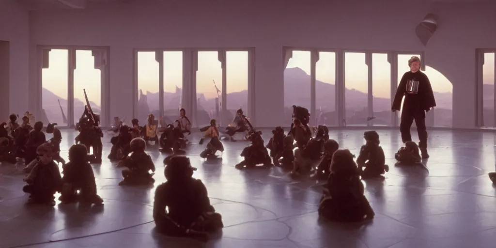 Image similar to A full color still of Mark Hamill as Jedi Master Luke Skywalker training a diverse room of young Jedi padawans, with large windows showing a sci-fi city outside, at dusk at golden hour, from The Phantom Menace, directed by Steven Spielberg, 1997