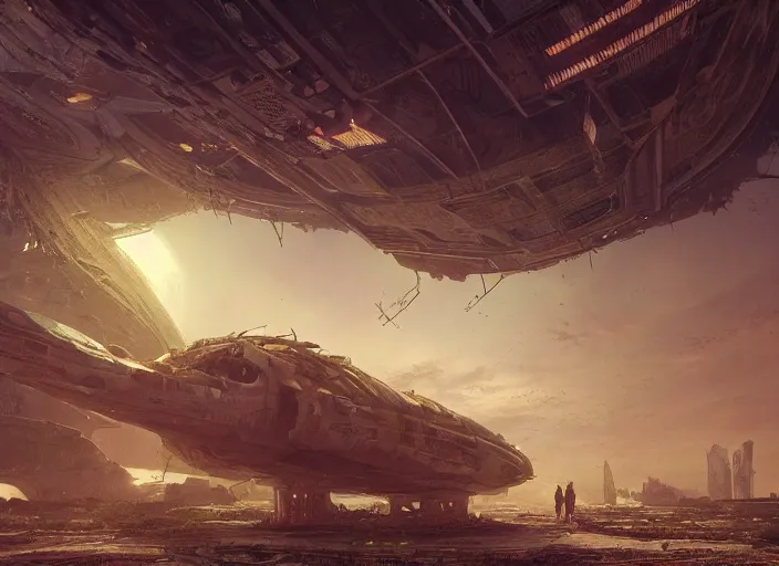 Prompt: highly detailed digital matte painting of a beautiful abandoned, overgrown, damaged crashed spaceship, by Raphael LaCoste and Ruan Jia and Robert McCall, postcyberpunk, geodesic dome, hyperdetailed, sunrise, wide shot, autochrome, octane render
