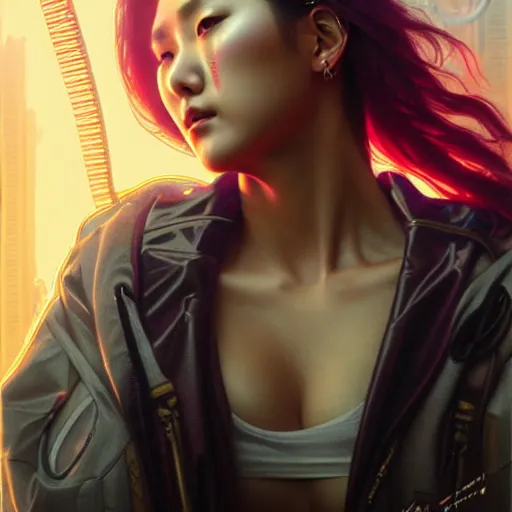 Image similar to portrait painting of cyberpunk hwasa mamamoo as a street doctor with a halo, ultra realistic, concept art, intricate details, eerie, highly detailed, photorealistic, octane render, 8 k, unreal engine. art by artgerm and greg rutkowski and magali villeneuve and alphonse mucha