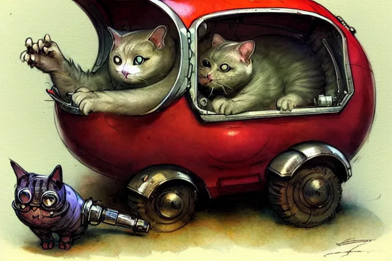 Image similar to adventurer ( ( ( ( ( 1 9 5 0 s retro future robot android fat rat wagon. versus evil cat. muted colors. ) ) ) ) ) by jean baptiste monge!!!!!!!!!!!!!!!!!!!!!!!!! chrome red