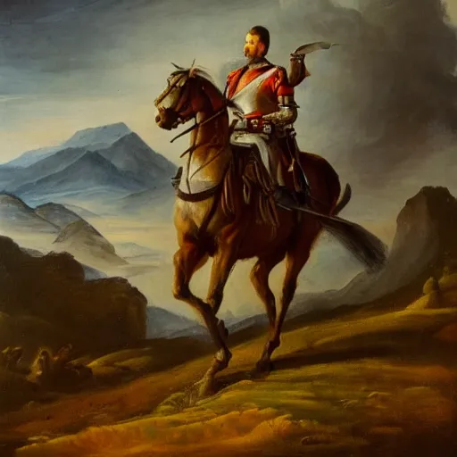 Prompt: portrait oil on canvas of a man mounted on horseback while raising a sword with his right hand pointing north, behind him in the vast distance 1 0 0 warriors can be seen fighting with swords and muskets, light, cloudy, mountains in the background,