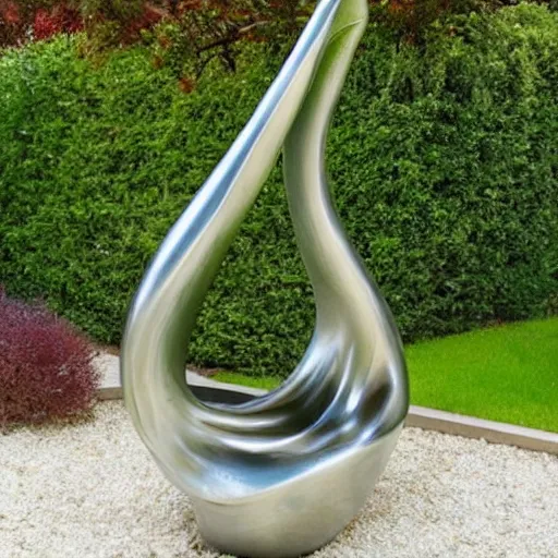 Prompt: A liquid metal sculpture in the middle of a luscious garden