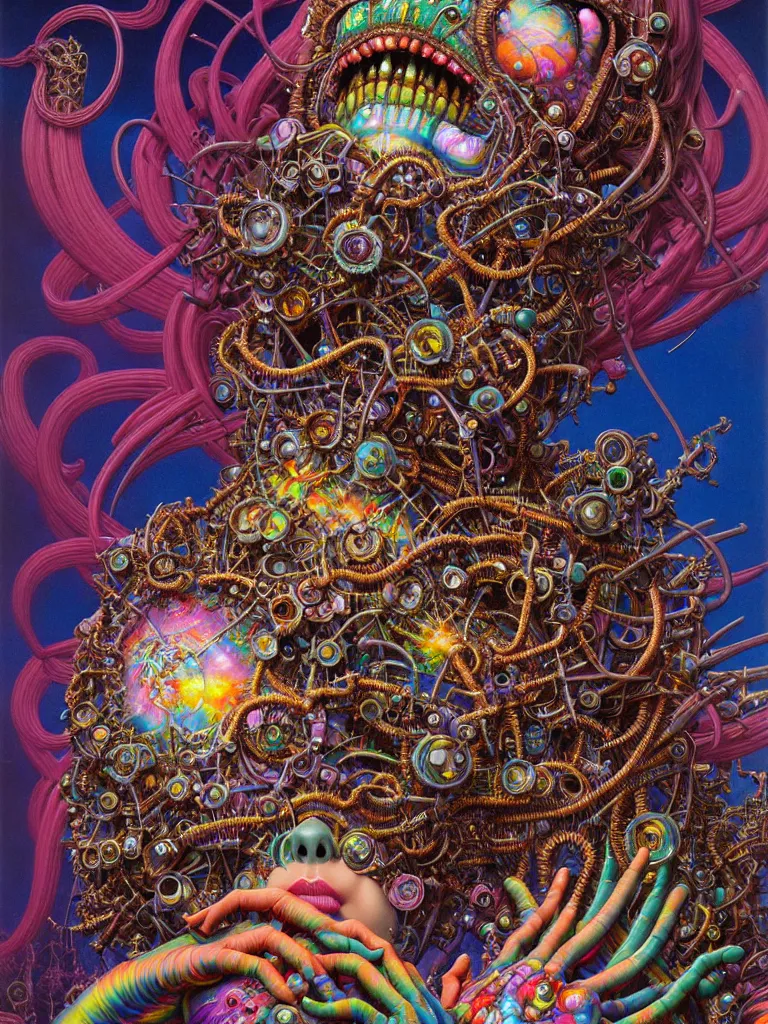 Prompt: realistic detailed image of Technological Nightmare Abomination Rainbow Bright Doll Monster God by Lisa Frank, Ayami Kojima, Amano, Karol Bak, Greg Hildebrandt, and Mark Brooks, Neo-Gothic, gothic, rich deep colors. Beksinski painting, part by Adrian Ghenie and Gerhard Richter. art by Takato Yamamoto. masterpiece