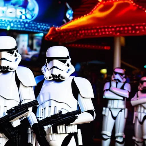 Prompt: stormtroopers trying to prizes at a fairground, dynamic lighting