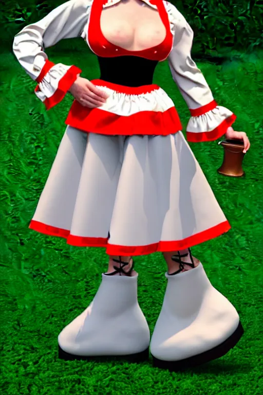 Prompt: a Marvelous Designer render of a 1998 Dutch milkmaid costume with a cow bell choker, exposed midriff and prosthetic udders. drag queen, campy. Cow Costume with Udders, comical. Cloven Hoof High-Heeled Boots. Puff sleeves, ruched bodice. Choker necklace with a large cowbell on it.