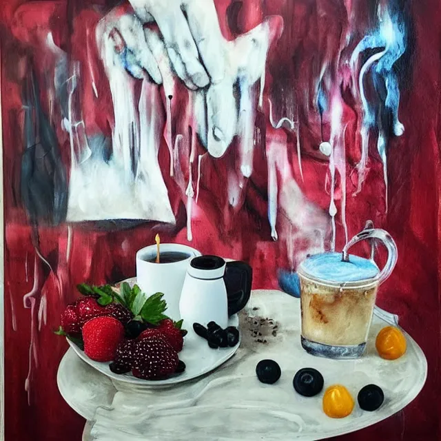 Image similar to “ sensual, neo - expressionism, surrealism, a portrait in a female art student ’ s apartment, pancakes, iced latte, berries, art supplies, a candle dripping white wax, berry juice drips, acrylic and spray paint and oilstick on canvas ”