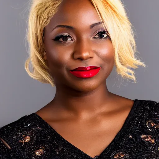 Prompt: headshot photo of a black female with blonde hair and deep red lips, intricate, elegant, highly detailed, award winning, smooth, sharp focus