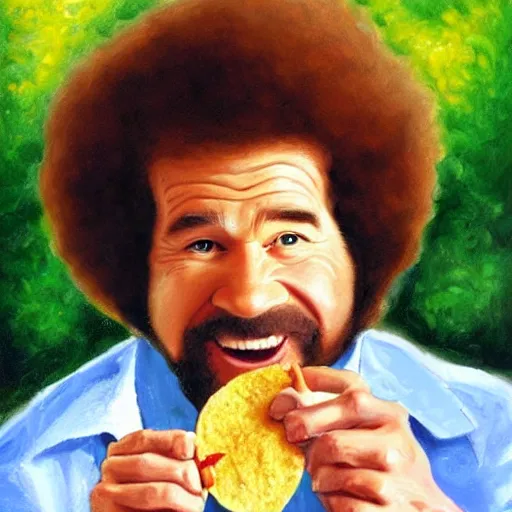 Prompt: bob ross eating a taco, portrait,