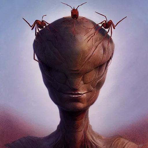 Image similar to A head on painting of an ant queen standing on her hind legs formian pathfinder, digital art, Wayne Barlowe Pierre Pellegrini Greg Rutkowski