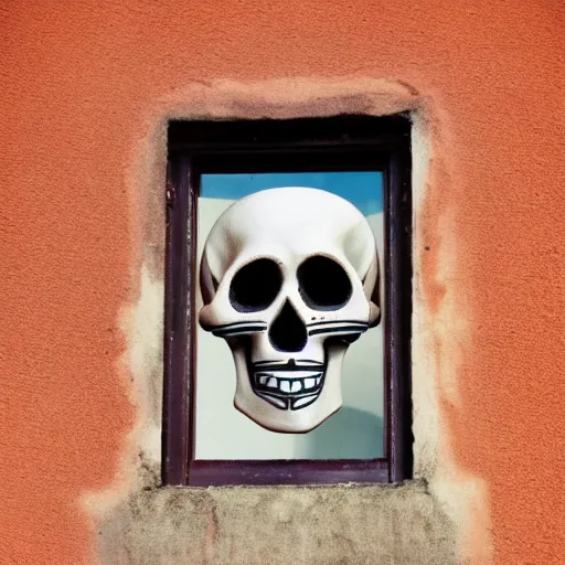 Image similar to photograph of a Dia de Los Muertos style skull on a windowsill, with the sun beaming in. The camera is below the skull, looking up to it