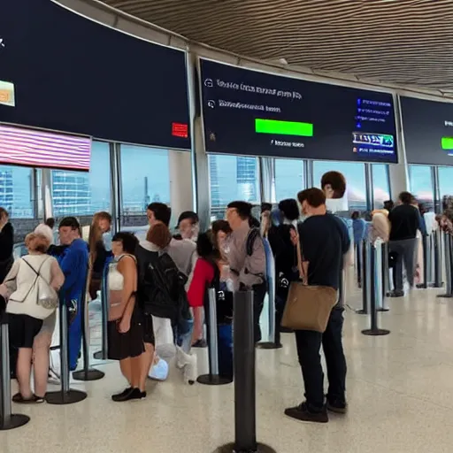 Prompt: guys waiting in line for customs at jfk airport, they are looking at a mural, photorealistic, photograph 4 k