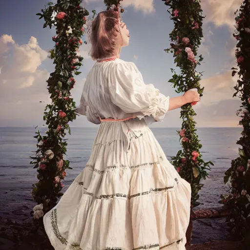 Prompt: a wonderful lady dressed with a large and decorate majestic roses and cream cotton dress that is coming from the ocean, dramatic light, octane--8k