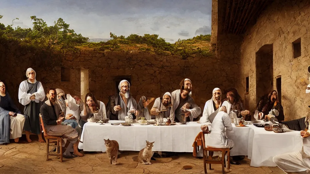 Image similar to humans with cat heads dressed in suits sitting around a table in the scene of the last supper, under the porch of a typical portuguese house, with typical alentejo landscape in the back, sunny morning, matte painting, oil canvas, photorealistic illustration, extreme detail, hyper realistic, highly detailed, digital art