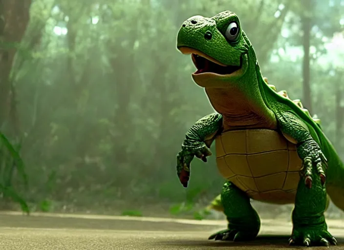 Image similar to film still of yoshi in the new sci - fi movie, cute upright standing upright upright dinosaur standing on its hind legs with a small turtle shell and long tongue, 8 k