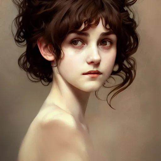 Image similar to portrait of a welsh girl with brown hair, glowing skin, delicate features, teenage amelie poulain, fantasy, intricate, elegant, dress shirt, highly detailed, digital painting, artstation, concept art, smooth, sharp focus, illustration, art by Krenz Cushart and Artem Demura and alphonse mucha