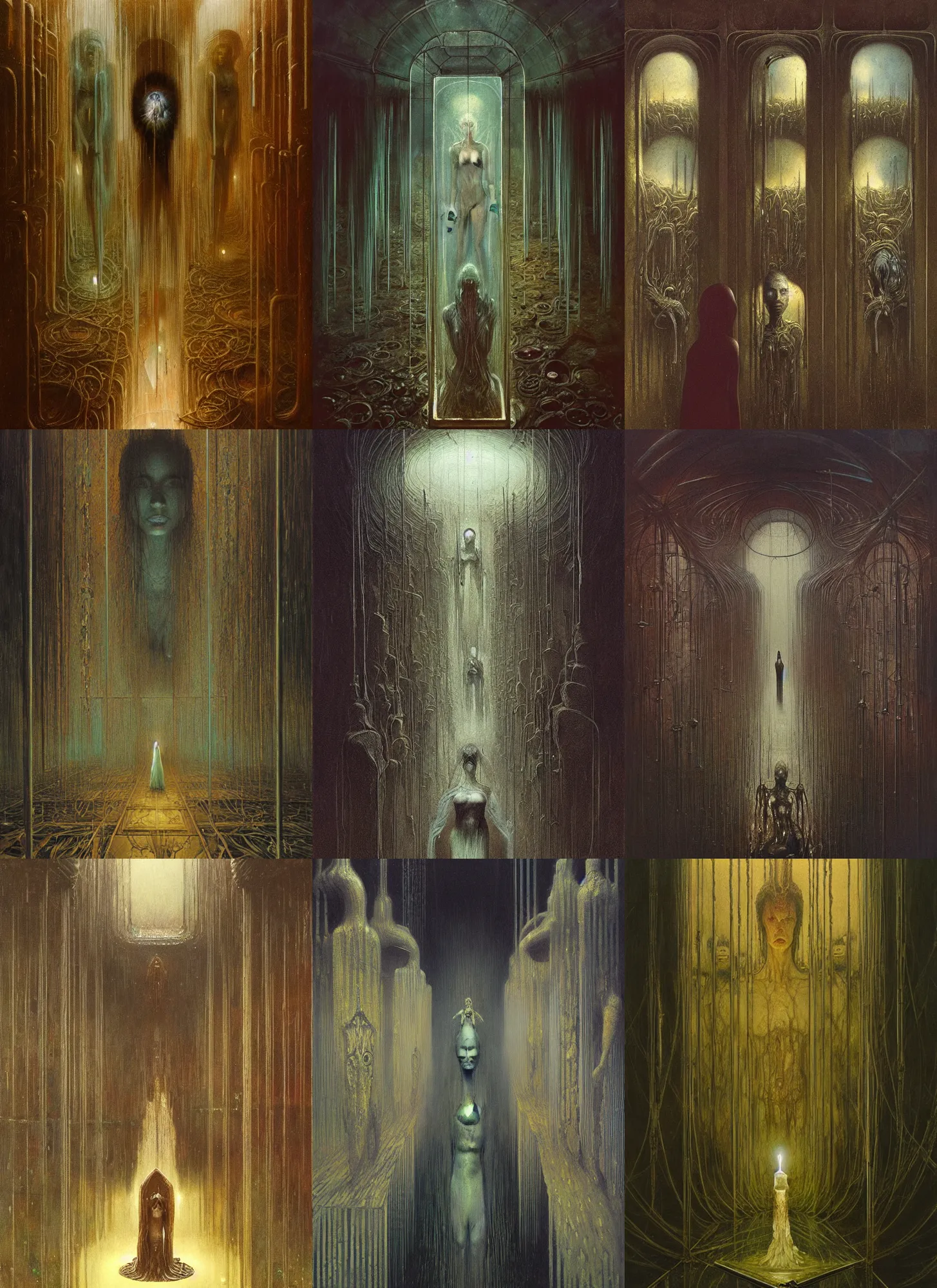 Prompt: a row of glass cases with a goddess inside of it, oil on canvas concept art by beksinski, giger, millaise and greg rutkowski, deviantart, pop surrealism, hall of mirrors, concept art, lovecraftian