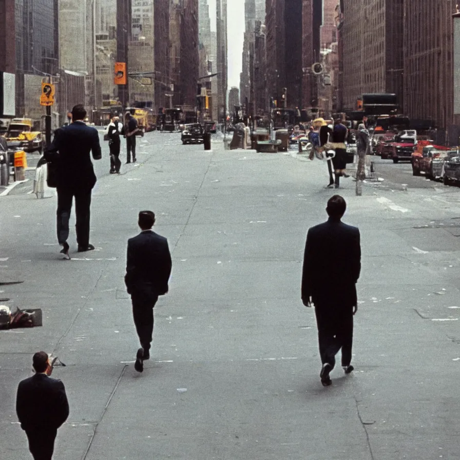 Prompt: a couple of men walking down a street next to tall buildings in new york, 1 9 6 0 s, colour film street photography, photo taken with ektachrome, featured on flickr, film grain