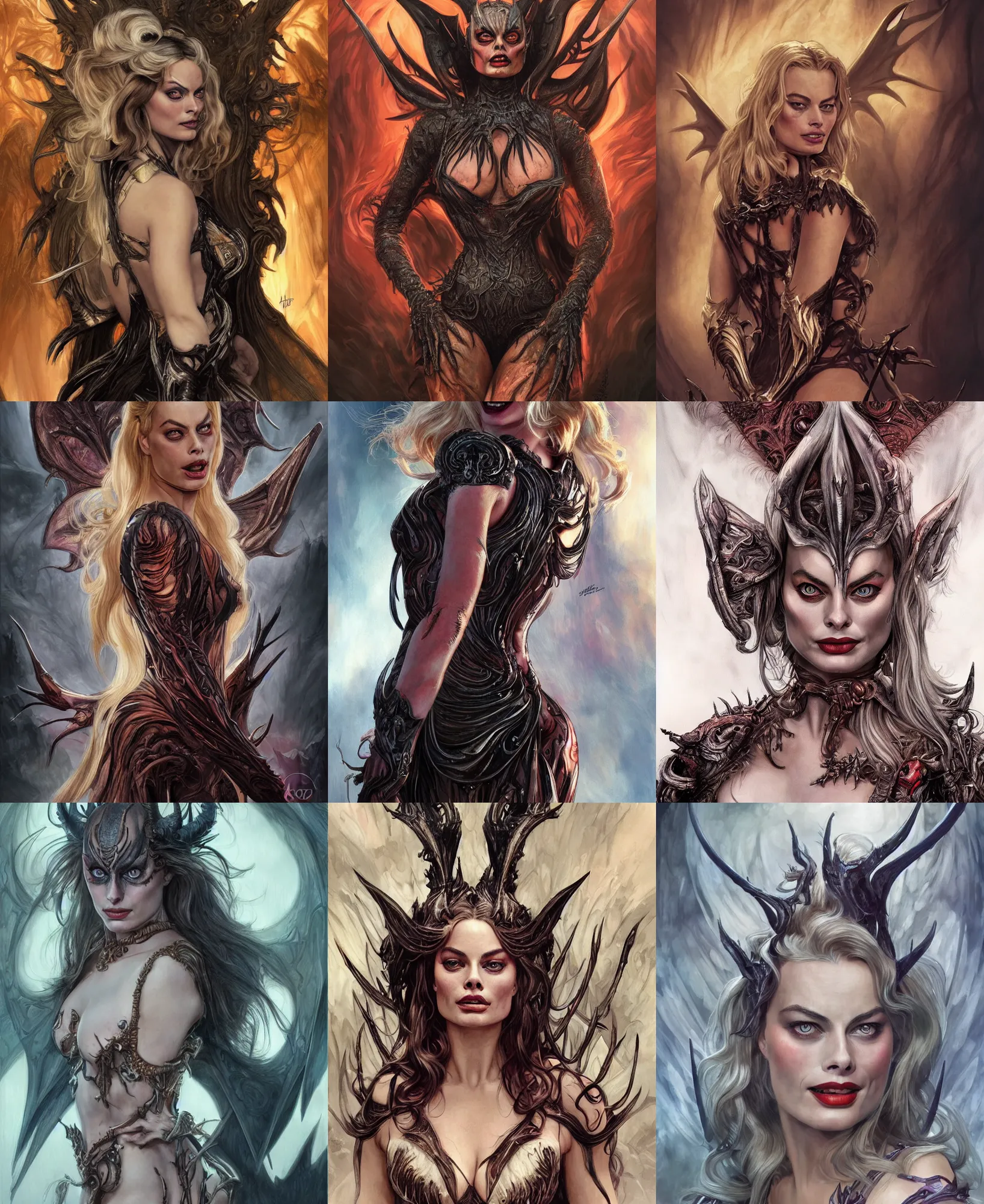 Prompt: Margot Robbie as a Demon in hell, hell, bat wings, cute, fantasy, intricate, elegant, highly detailed, digital painting, 4k, HDR, concept art, smooth, sharp focus, illustration, art by artgerm and H R Giger and alphonse mucha