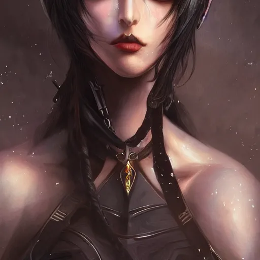 Image similar to portrait of a female dark elf by ayami kojima, she is about 2 0 years old, american, black hair, introvert, she is wearing a modern witch tactical gear, scifi, highly detailed portrait, digital painting, artstation, concept art, smooth, sharp foccus ilustration, artstation hq